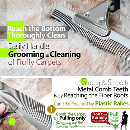Pet Hair Carpet Rake - Multi-Surface Brush & Broom for Fluffy Rugs & Carpets - Efficient Pet Hair Removal Tool