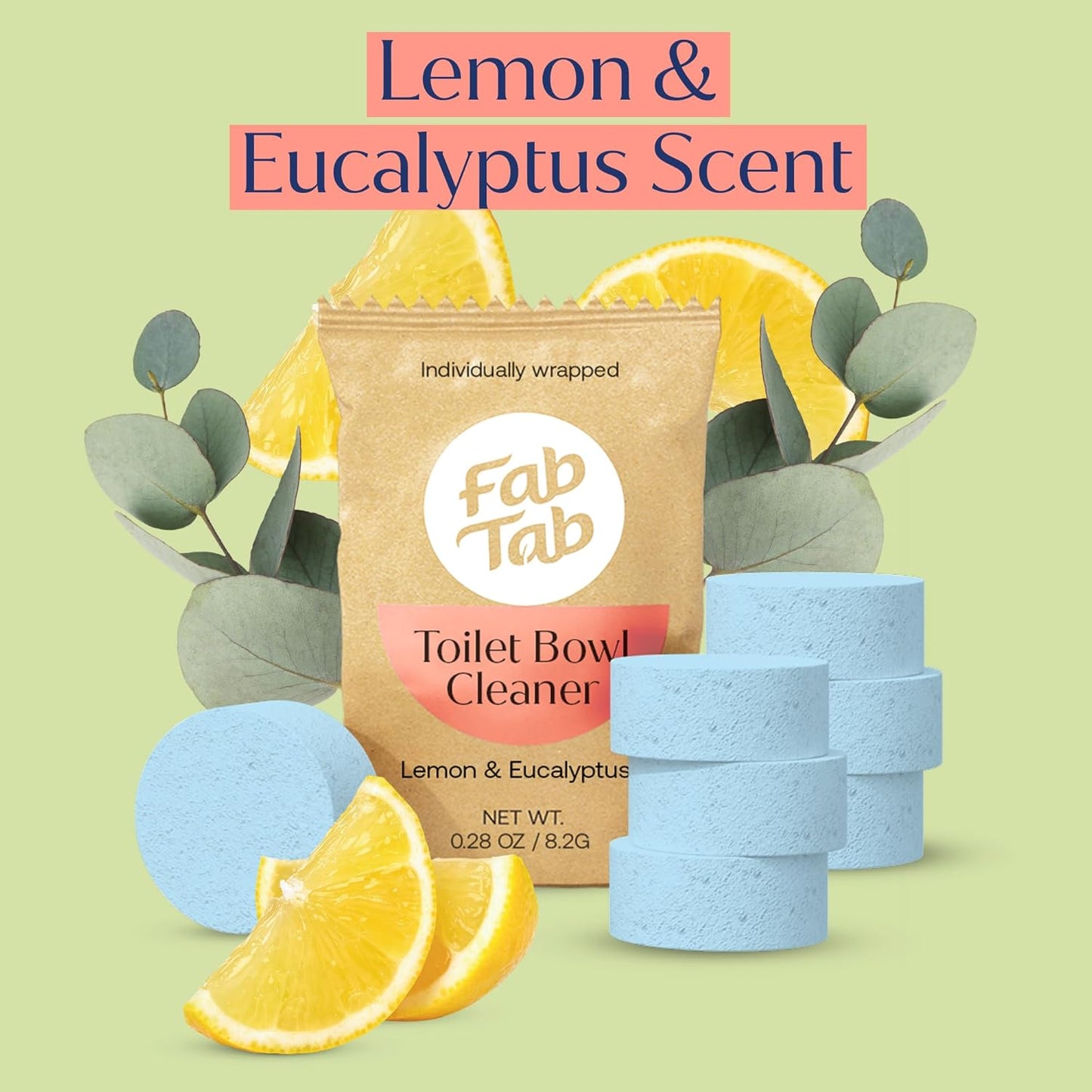 Fab Tab Toilet Bowl Cleaner Tablets, Powerful Stain Removal, No Harsh Chemicals, Plastic-Free, Removes Rust & Stains, Safe for Regular and Septic Tank Toilets, Lemon & Eucalyptus Scent