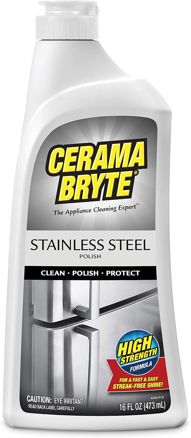 Cerama Bryte Stainless Steel Cleaner for Appliances + Cooktop and Stove Top Cleaner, 10 Ounce + 8 Fluid Ounce, POW-R Grip, Scraper, Pad + Cleaning Cloth