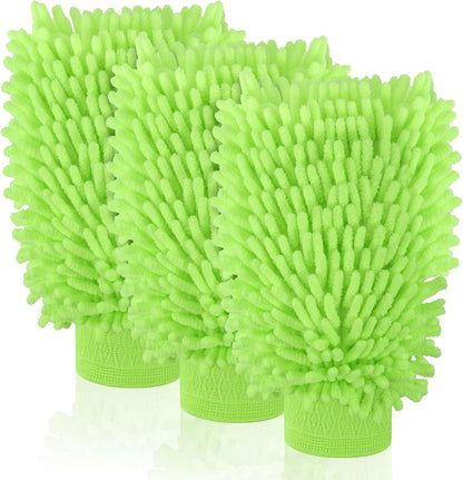 3 Pack Chenille Microfiber Car Wash Mitt, 7" x 9.6" Car Washing Mitts, Home Dusting Gloves, Scratch Free Lint-Free, Highly Absorbent, Double Sided, for Cleaning Detailing Polish (Green)