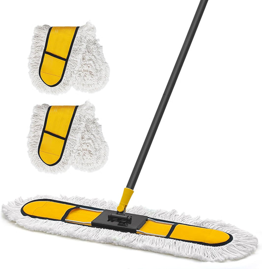 NEWE 24” Commercial Dust Mop, Large Dry Dust Push Broom Indoor, Wide Floor Duster for Laminate, with 2 pcs Microfiber Pads, Hardwood, Tile, Marble (Yellow)