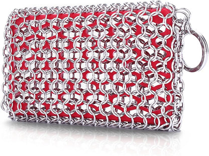 Cast Iron Scrubber, Chain Mail Scrubber with Silicone Insert, 316L Stainless Steel Chainmail for Cast Iron Skillet, Dutch Oven, Cookware, Kitchen Cleaning Accessory, Dishwasher Safe