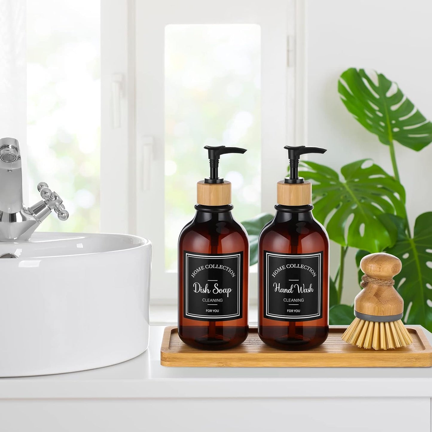 Zopeal 4 Pcs 16 oz Kitchen Soap Dispenser Set with Bamboo Tray and Dish Brush Plastic Soap Dispenser Set with Waterproof Labels for Hand Dish Lotion(Frosted Black)