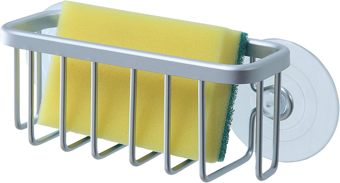 SunnyPoint NeverRust Kitchen & Bathroom Sink Caddy for Sponges, Scrubbers, Soap, 6" x 2.5" x 2.65", with Adhesive Mount - Additional Suction Cup Included –Aluminum (Black)