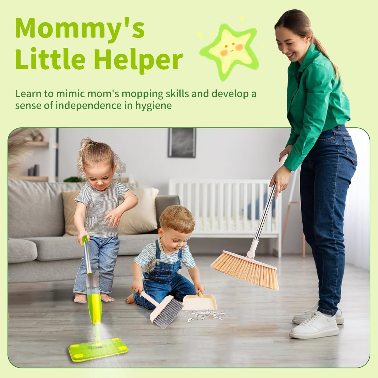 Kids Spray Mop, Fun & Functional Toddler Mop Cleaning Set,Real Working Mini Mop, Pretend Play Toy –Includes Spray Bottle,Washable Microfiber Pads, Montessori Kids Cleaning Toy Set -Green