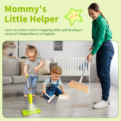Kids Spray Mop, Fun & Functional Toddler Mop Cleaning Set,Real Working Mini Mop, Pretend Play Toy –Includes Spray Bottle,Washable Microfiber Pads, Montessori Kids Cleaning Toy Set -Green