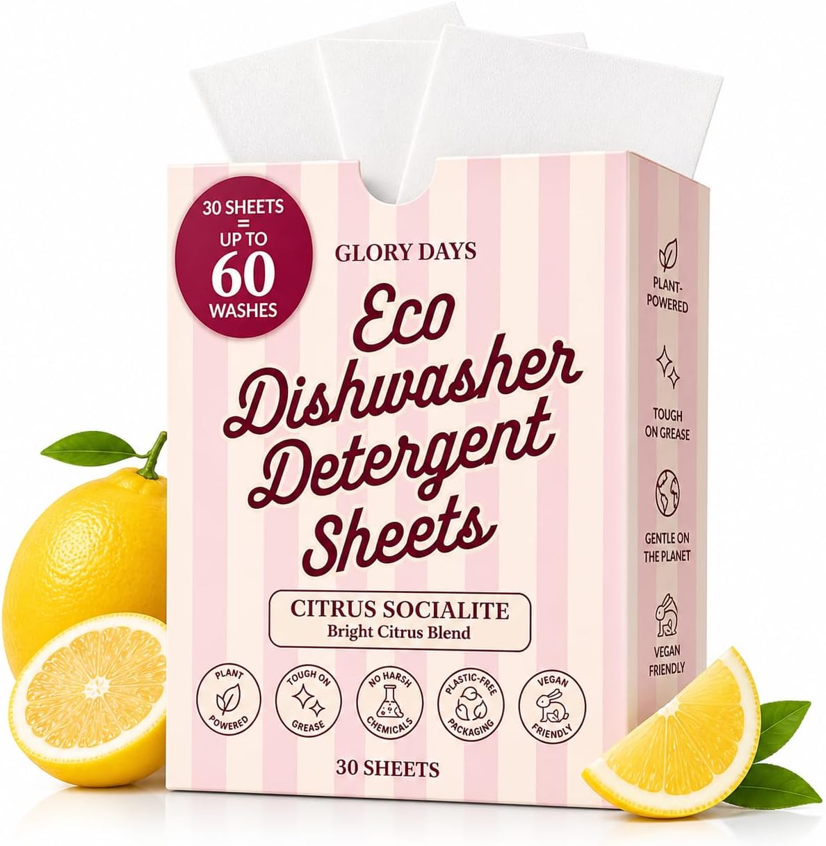 Glory Days Dishwasher Sheets – Citrus Socialite | Eco Friendly, Clean Dishwasher Detergent | Dual Enzyme, Plastic-Free, Vegan | 30 Count
