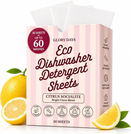 Glory Days Dishwasher Sheets – Citrus Socialite | Eco Friendly, Clean Dishwasher Detergent | Dual Enzyme, Plastic-Free, Vegan | 30 Count