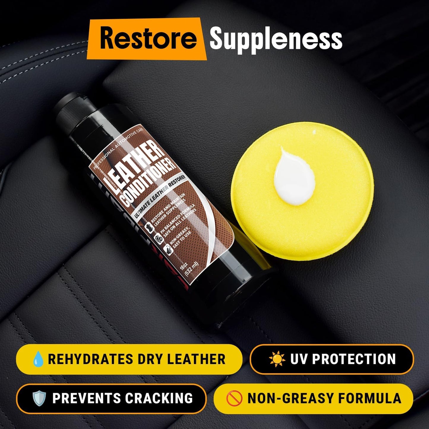 Leather Couch Cleaner - pH Neutral, Non-Toxic & Non-Greasy - Gently Removes Stains & Restores Natural Look - Safe for Car Leather Seats, Interior & Upholstery, Furniture & Sofa - 18 fl. Oz with towel
