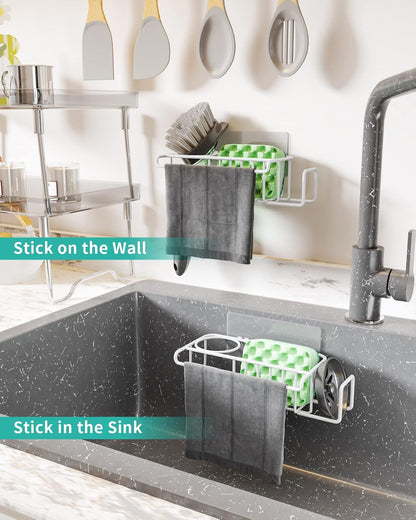 HapiRm 4 in 1 Kitchen Organizers and Storage, SUS304 Stainless Steel Brush Holder + Dish Cloth Hanger + Soap Rack + Sink Stopper Rack, No Drill Kitchen Essentials - Black
