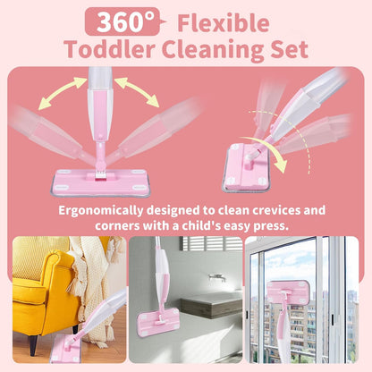 Kids Spray Mop, Fun & Functional Toddler Mop Cleaning Set,Real Working Mini Mop, Pretend Play Toy –Includes Spray Bottle,Washable Microfiber Pads, Montessori Kids Cleaning Toy Set -Green