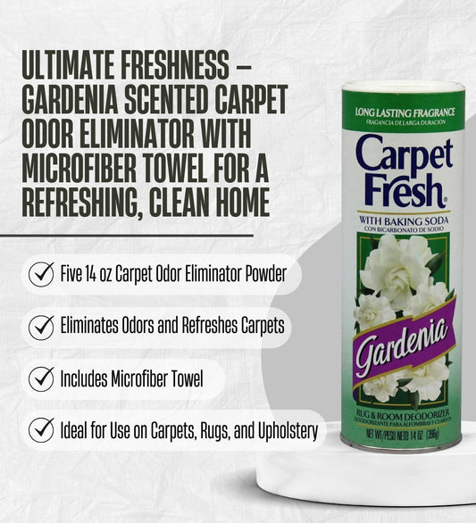 5x Carpet Fresh Gardenia Scent Carpet Odor Eliminator 14 oz Powder Bundle with Microfiber Cleaning Cloth – Eliminates Pet Odors, Provides Long-Lasting Freshness – Gift Set (6 Items)