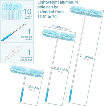 JEHONN Duster with 6 ft Extension Pole, 10 Refills Compatible with Swiffer Super Extendable Handle Heavy Duty Dusting Wand Starter Kit for Cleaning High Ceiling Fan Shelves Vent Window Blind