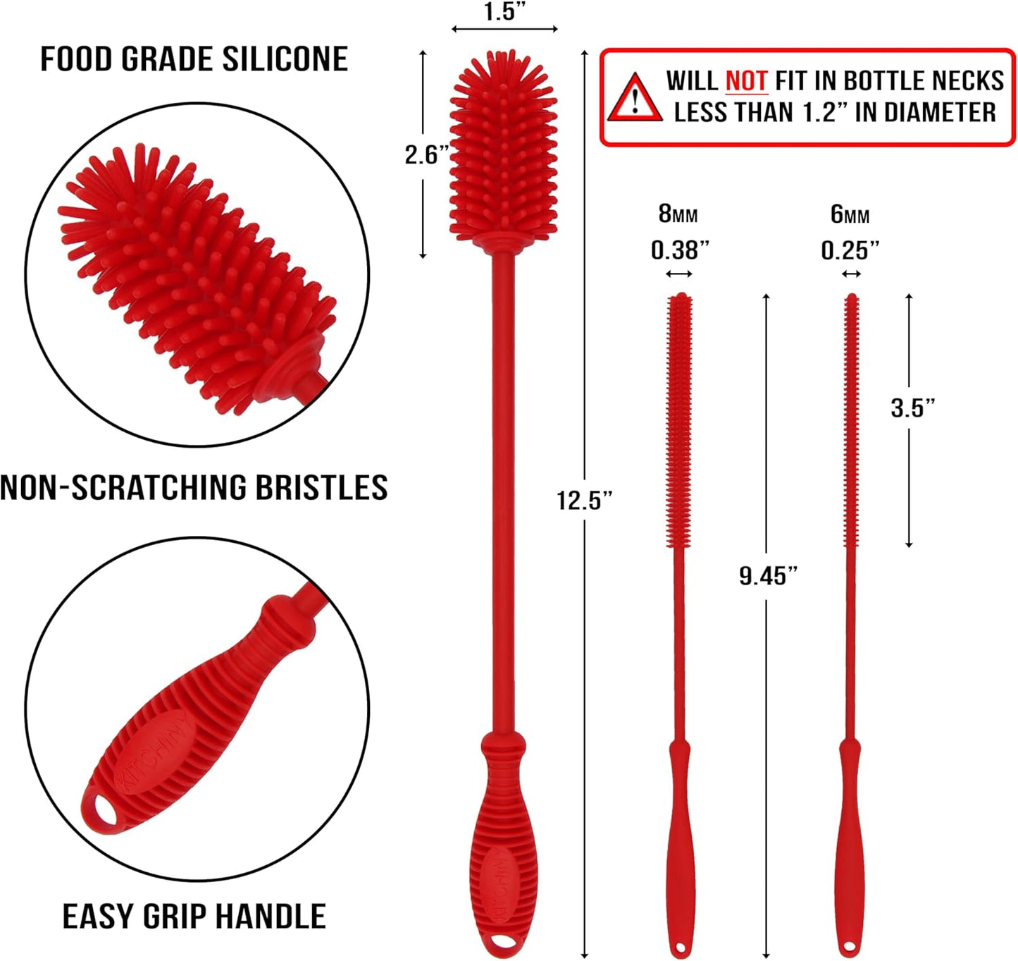 Kitchiny Silicone Bottle Brush with 2 Straw Cleaners - 12.5” Water Bottle Cleaner Brush for Yeti, Hydro Flask, Owala, Stanley, Baby Bottles, Glassware, Vases & Narrow Neck Containers - Grey