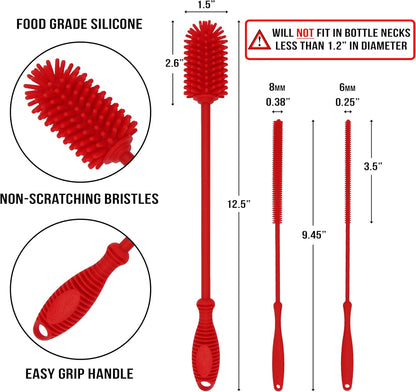 Kitchiny Silicone Bottle Brush with 2 Straw Cleaners - 12.5” Water Bottle Cleaner Brush for Yeti, Hydro Flask, Owala, Stanley, Baby Bottles, Glassware, Vases & Narrow Neck Containers - Grey