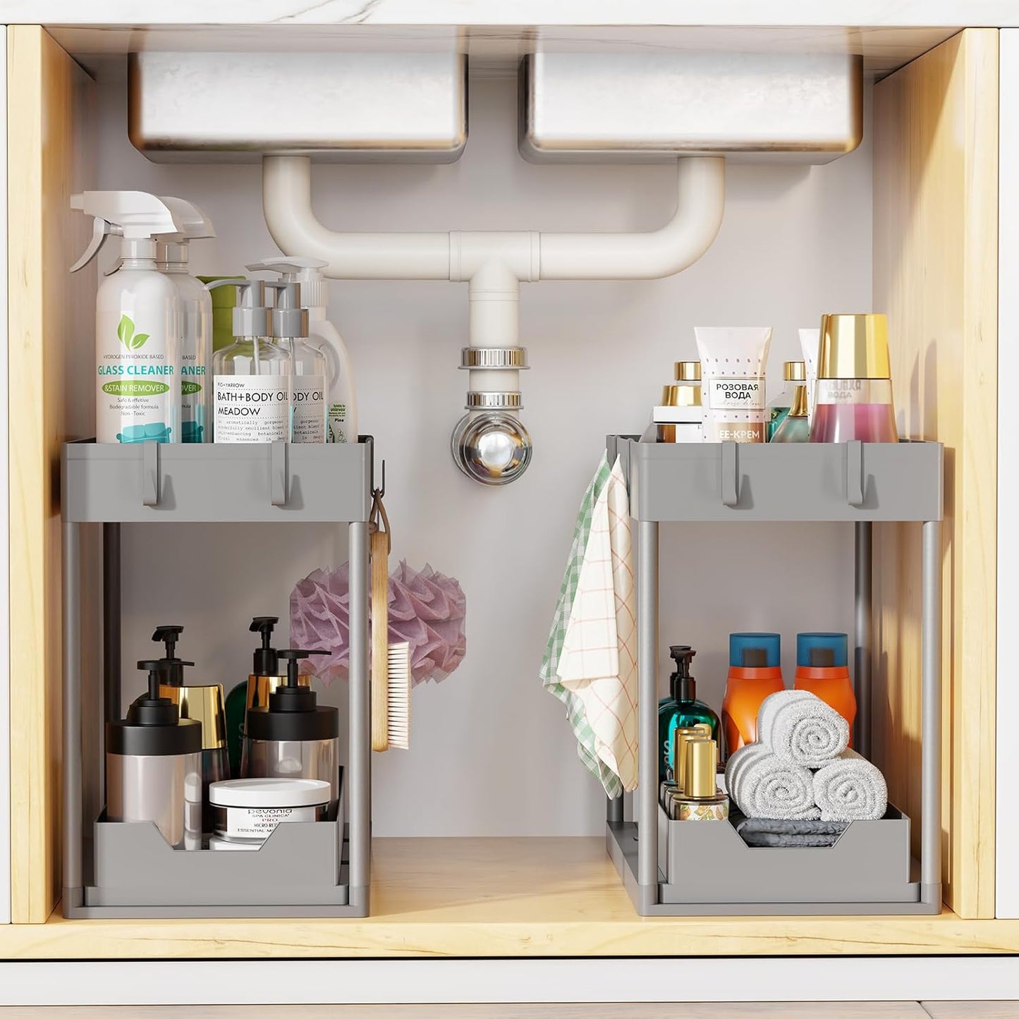 Simple Trending Under Sink Organizer 2 Pack, Sink Pull-Out Sliding Storage Cabinet, 2-Tier Under Shelf Organizer for Kitchen Bathroom, Black