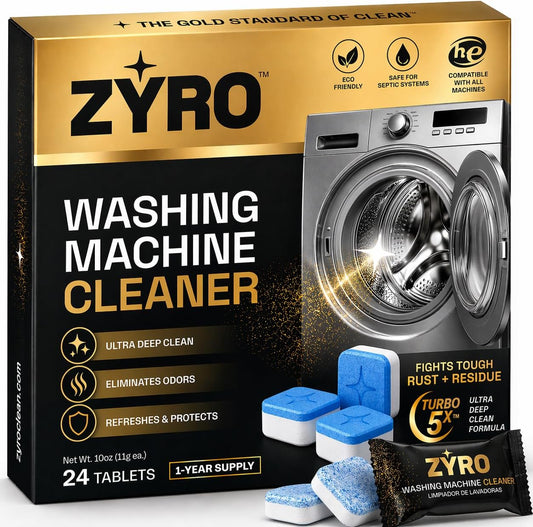 Washing Machine Cleaner Tablets | 24 Pack | Ultra Deep Clean | Eliminates Odors | Washer Cleaner Tablets for HE Front Loader & Top Load Washer | Compatible with All Machines | 1 Year Supply | Zyro