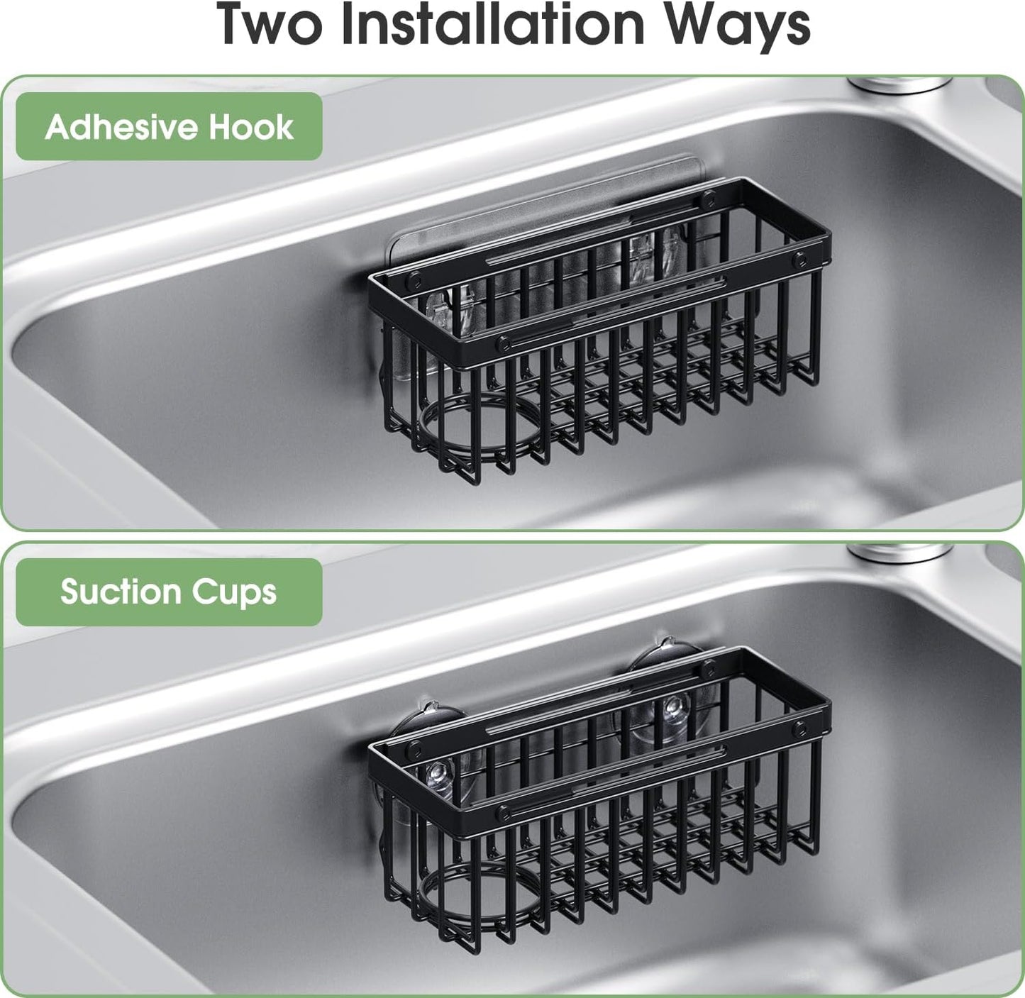 Expandable Kitchen Sink Caddy, Strong Adhesive Mount Detachable Sponge Holder for Kitchen & Bathroom Sink with Extra Suction Cups, Holds Sponges, Dish Brushes, Scrubbing Pads - Black