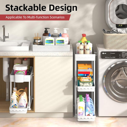 Sevenblue 4 Pack Under Sink Organizer, Bathroom Organizers and Storage, 2 Tier Multi-Use Pull Out Cabinet Organizer with Hang Hooks and Cups (Black, 4 Pack)
