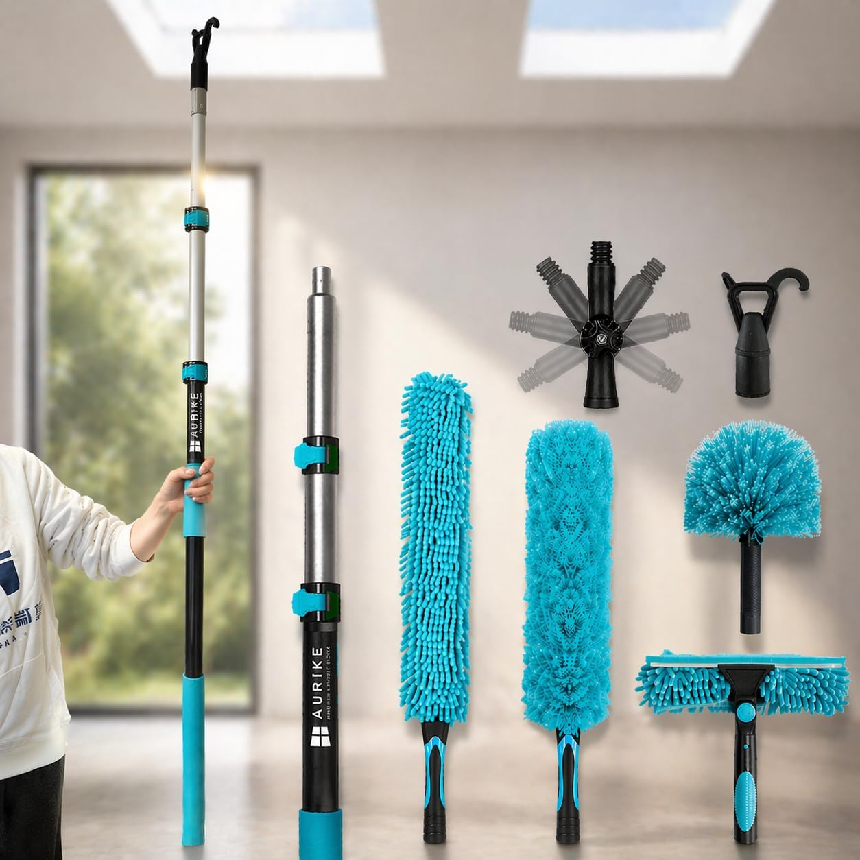 High Ceiling Duster Kit with 3-8FT Heavy Duty Extension Pole, Reaches Up to 13FT, Includes Microfiber Feather Duster, Cobweb and Ceiling Fan Duster, Window Squeegee Cleaner & Skylight Hook (8FT)