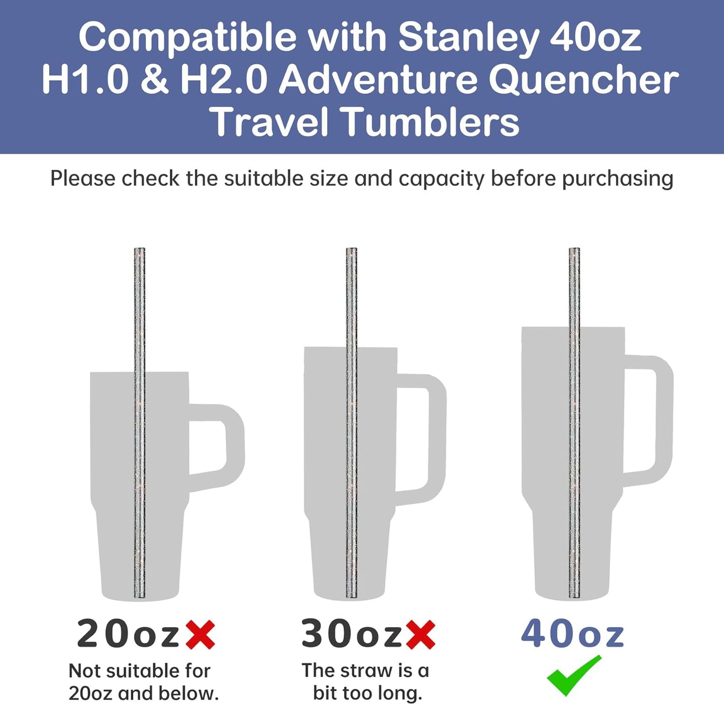 NiHome 12-Pack Glitter Replacement Straws for Stanley Tumbler 40OZ & 2 Cleaning Brushes Set, 12" Length BPA-Free Durable PETG Material for Various Beverages & Cups, Adds Sparkle to Your Drinks (Clear)