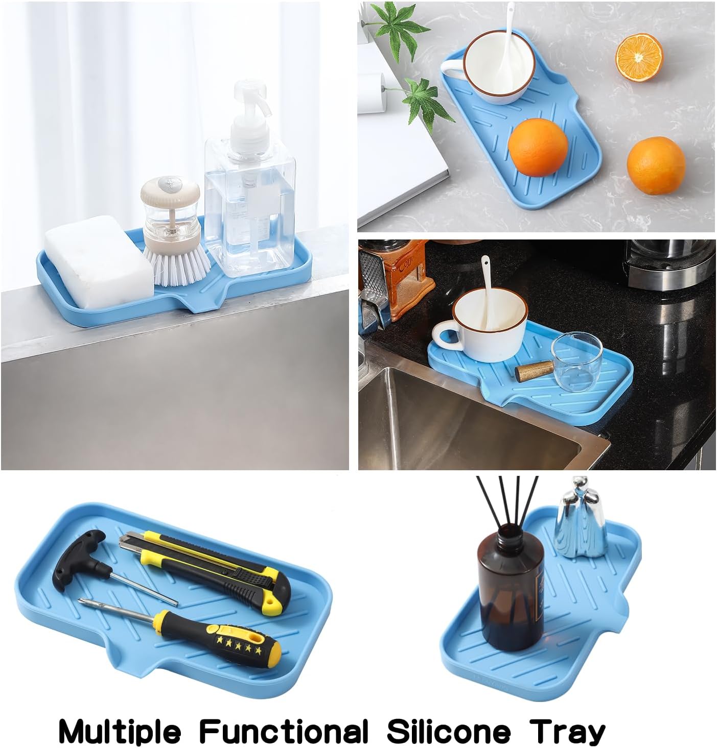 MicoYang Silicone Bathroom Soap Dishes with Drain Spout-Bathroom and Kitchen Sink Organizer,Sponge Holder,Dish Soap Tray,Perfect for Dispenser,Scrubber,Bottle,Cup on Sink or Counter-Black 4.9"×3.2"