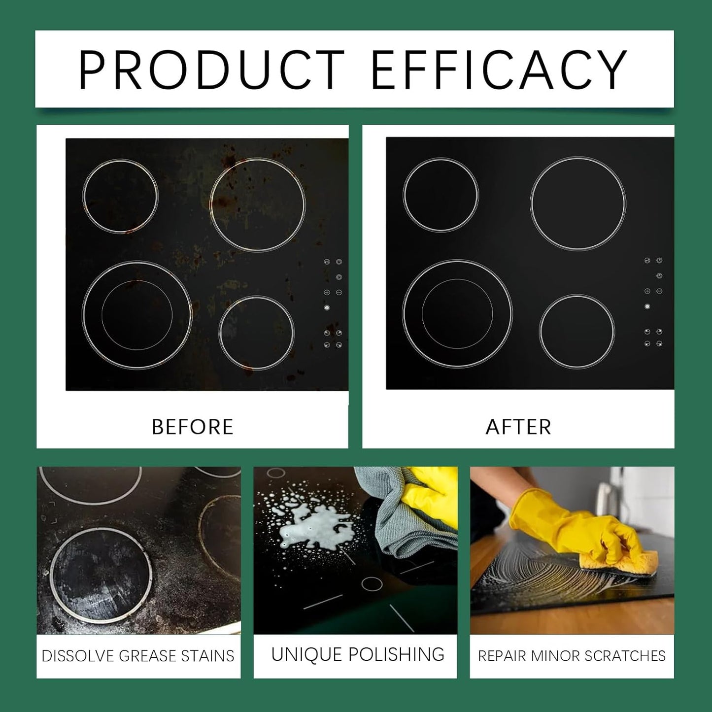 Glass Cooktop 3-in-1 Cleaner Kit, Removes Grease & Burnt-On Food, Safe for Gas, Induction, Electric Cooktops & Air Fryers, Stove Top Polish and Shine, Multi-purpose Cleanser (300g) (1)