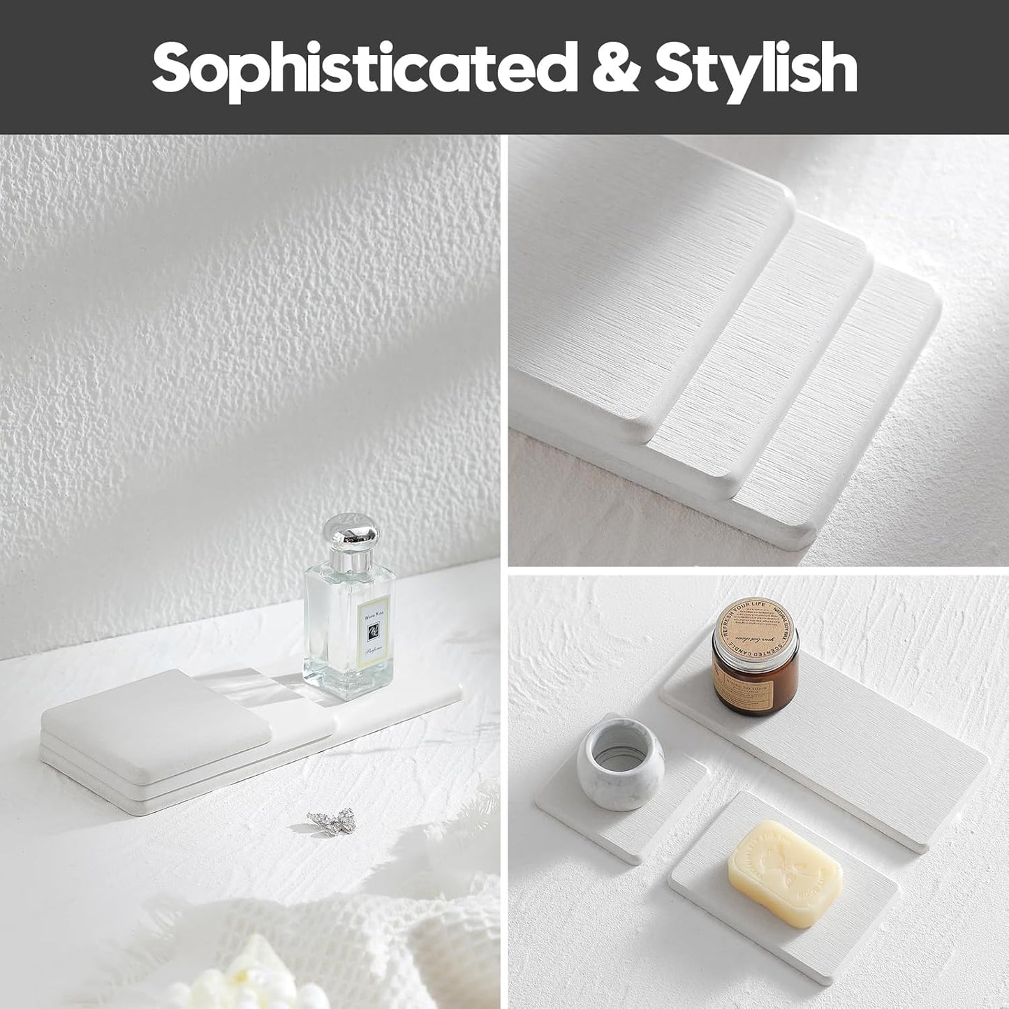 2PCS Water Absorbing Stone Drying Tray for Kitchen Counter & Bathroom Sink, Diatomite Faucet Splash Guard, Soap Dispenser Rack & Sponge Holder Caddy Organizer, Marble White (Printed Pattern), 9"x 3.5"