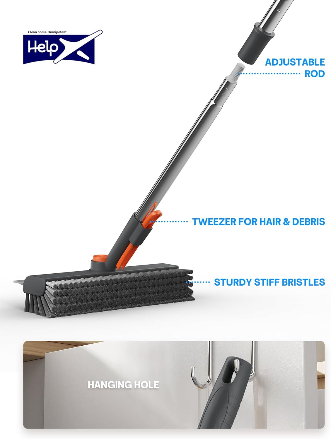 Floor Scrub Brush with Long Handle, 3 in 1 Scrape and Heavy-Duty Stiff Bristle Floor Scrubber Brush with Squeegee and Tweezer for Cleaning Tile Wall Deck Bathroom Patio Garage Kitchen (White)