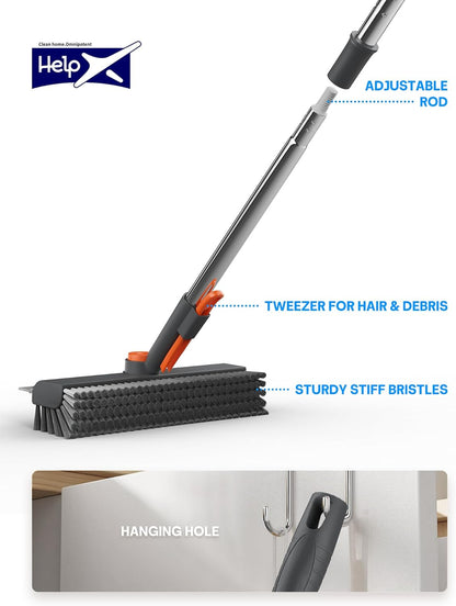 Floor Scrub Brush with Long Handle, 3 in 1 Scrape and Heavy-Duty Stiff Bristle Floor Scrubber Brush with Squeegee and Tweezer for Cleaning Tile Wall Deck Bathroom Patio Garage Kitchen (White)