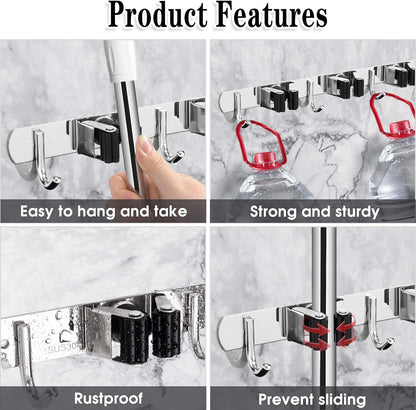 AceMining 5 Racks and 4 Hooks Mop and Broom Holder Wall Mount, Broom Organizer Storage Tool Racks Stainless Steel Heavy Duty Hooks Self Adhesive Solid Non-slip for Home Kitchen Garden Laundry Garage