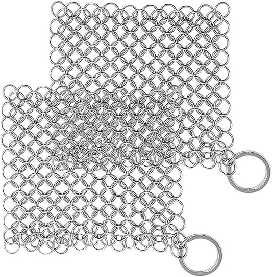 316L Stainless Steel Chain Mail Scrubber pan mesh Cloth for Casting Iron POTS, Frying Pans, pre-Flavor POTS, Cups and Bottles, cast Iron Cleaning, 2 Pieces (7inch)