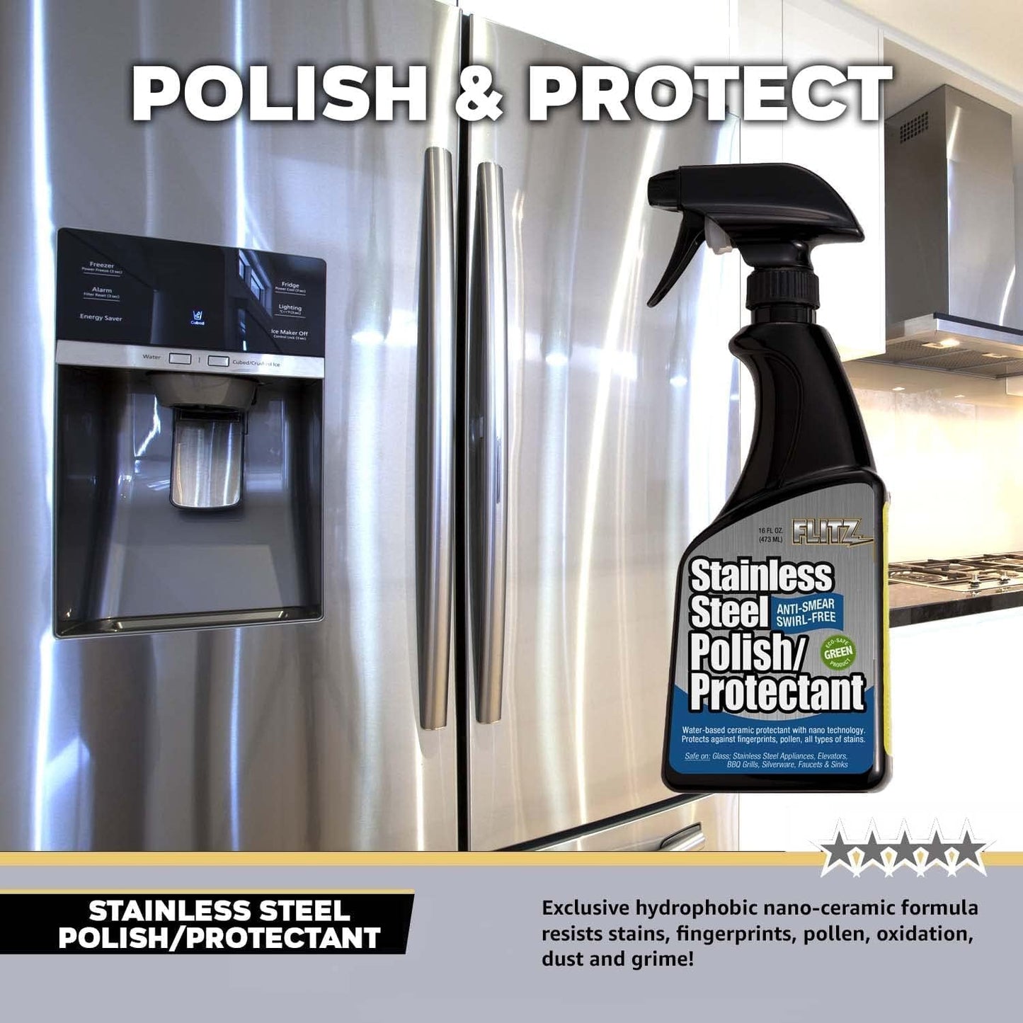 Flitz Stainless Steel Polish Protectant - 32oz Bottle, USA-Made Ceramic Coating for Stainless Steel Appliances, Repels Fingerprints & Water Spots - Aluminum & Chrome Polish & Protectant (1 Pack)