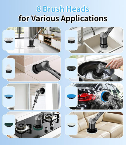 Electric Spin Scrubber with 3 Speed, Adjustable Extension Handle, 8 Brush Heads,Cordless Power Cleaning Brush for Bathroom, Tile, Kitchen-Grey