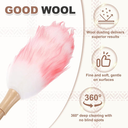 uxcell Wool Duster, 14.2" Natural Feather Cleaner Household Cleaning Duster with Solid Wooden Handle for Cleaning Fans Window Blinds Shelves Furniture, Pink