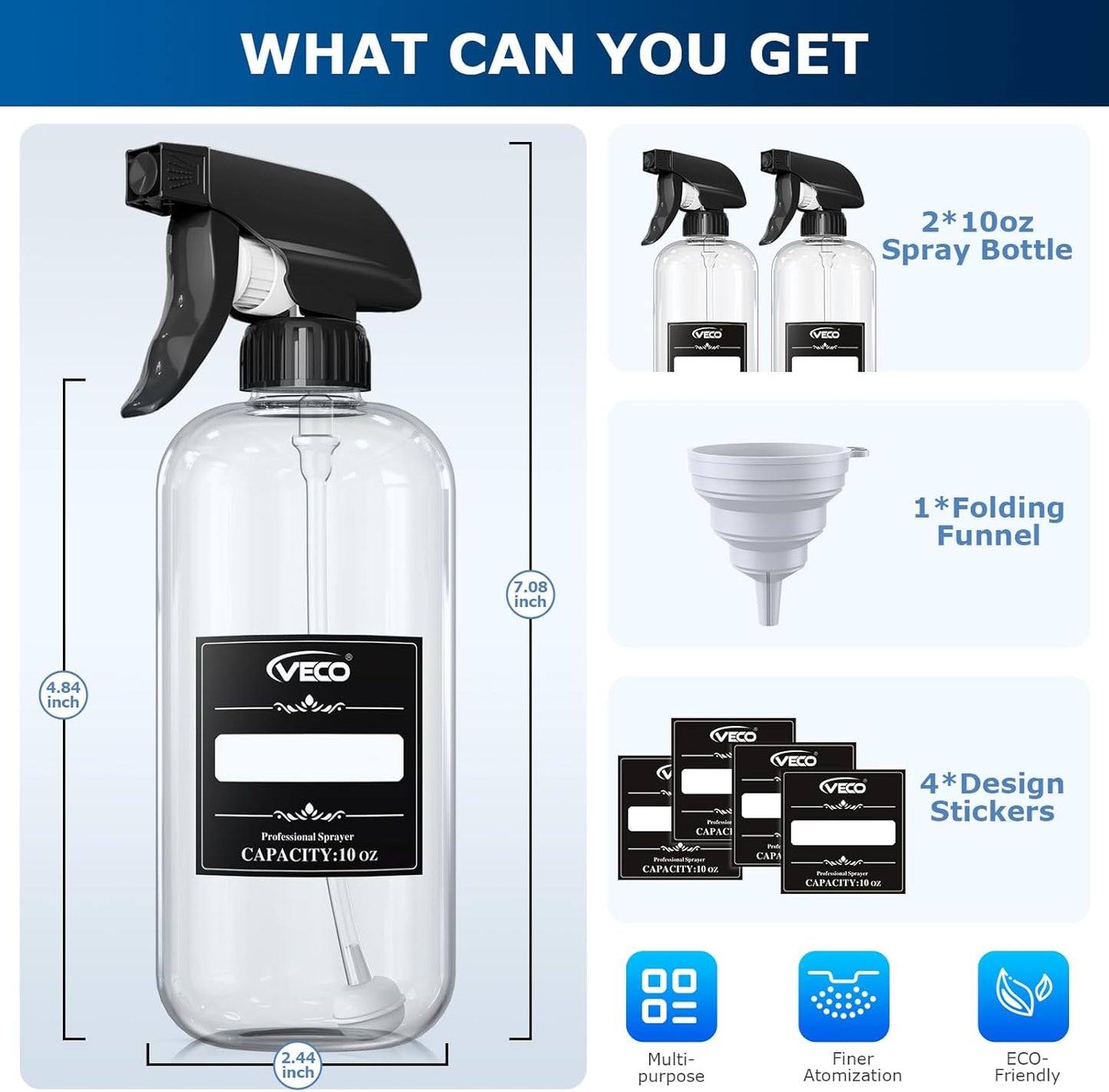Veco 500mL (17oz) Graduated Spray Bottles, 4-Pack — 360° Any-Angle Spraying for Easy Dilution, Leak-Resistant spray bottles for Cleaning, Plants, Hair & Pet Use + Foldable Funnel
