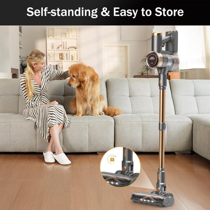 Cordless Vacuum Cleaner, 10-in-1 Lightweight Stick Vacuum with 45mins Runtime, Powerful Suction, LED Touch Screen, Rechargeable Vacuum Cleaners for Home Hardwood Floor Carpet Pet Hair (Gold)