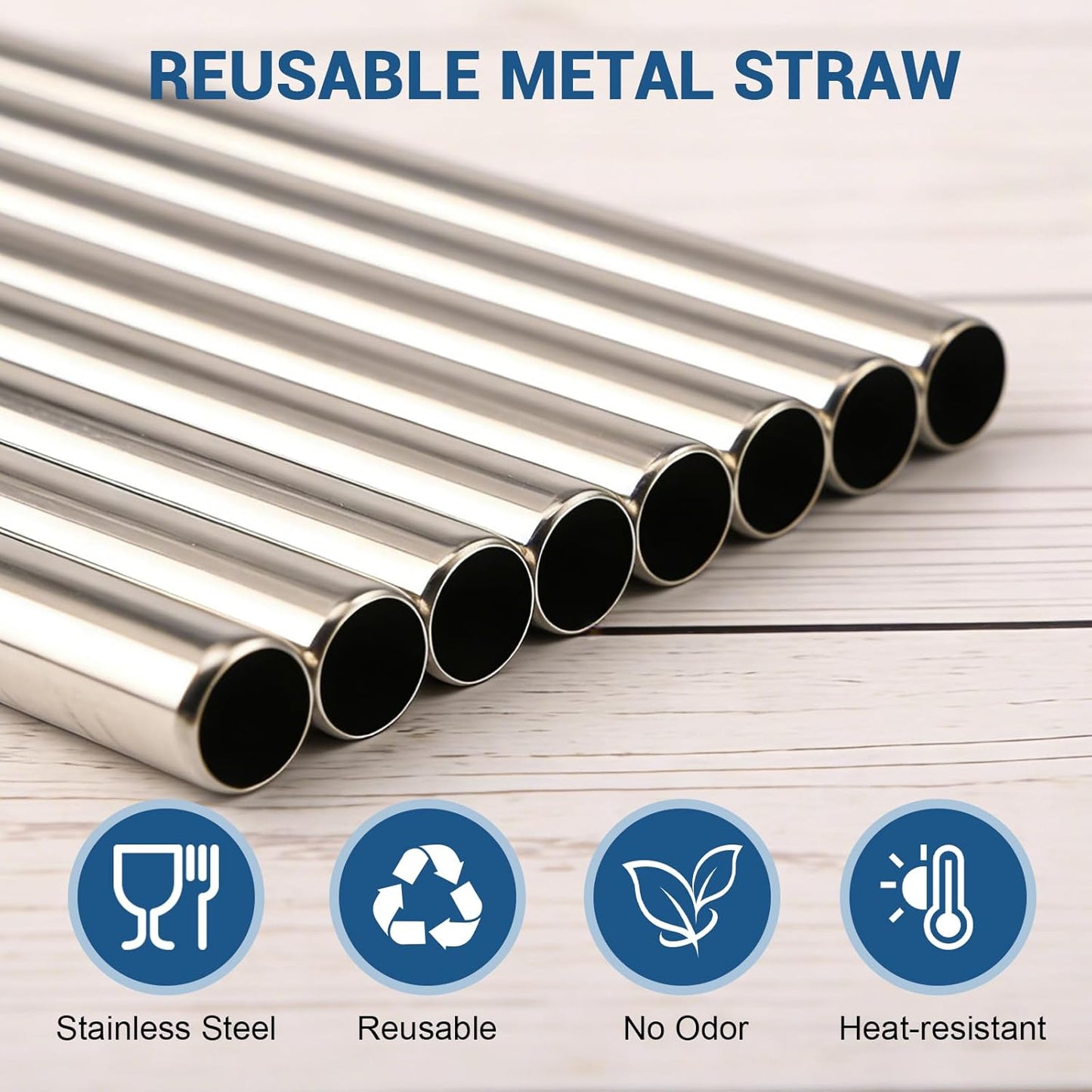 8 Pack Reusable Metal Straws Set, 9.25” x 8 mm Wavy Metal Straws Reusable Stainless Steel Straws with 2 Cleaning Brush, Metal Drinking Straw for Cocktail Coffee Beverage (Silver)