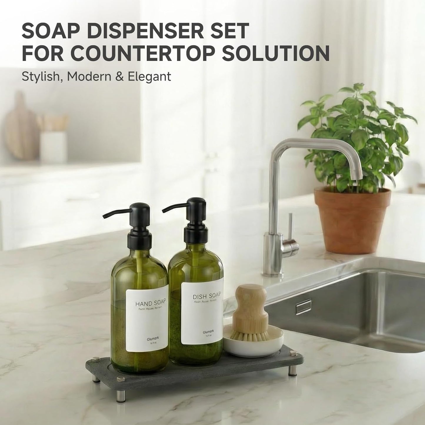 2 Pack Kitchen Soap Dispenser Set - 16oz Amber Glass Dish and Hand Soap Dispenser with Stainless Steel Pump, Instant Dry Tray, Dish Brush & Holder, Refillable Countertop Sink Decor for Kitchen & Bath
