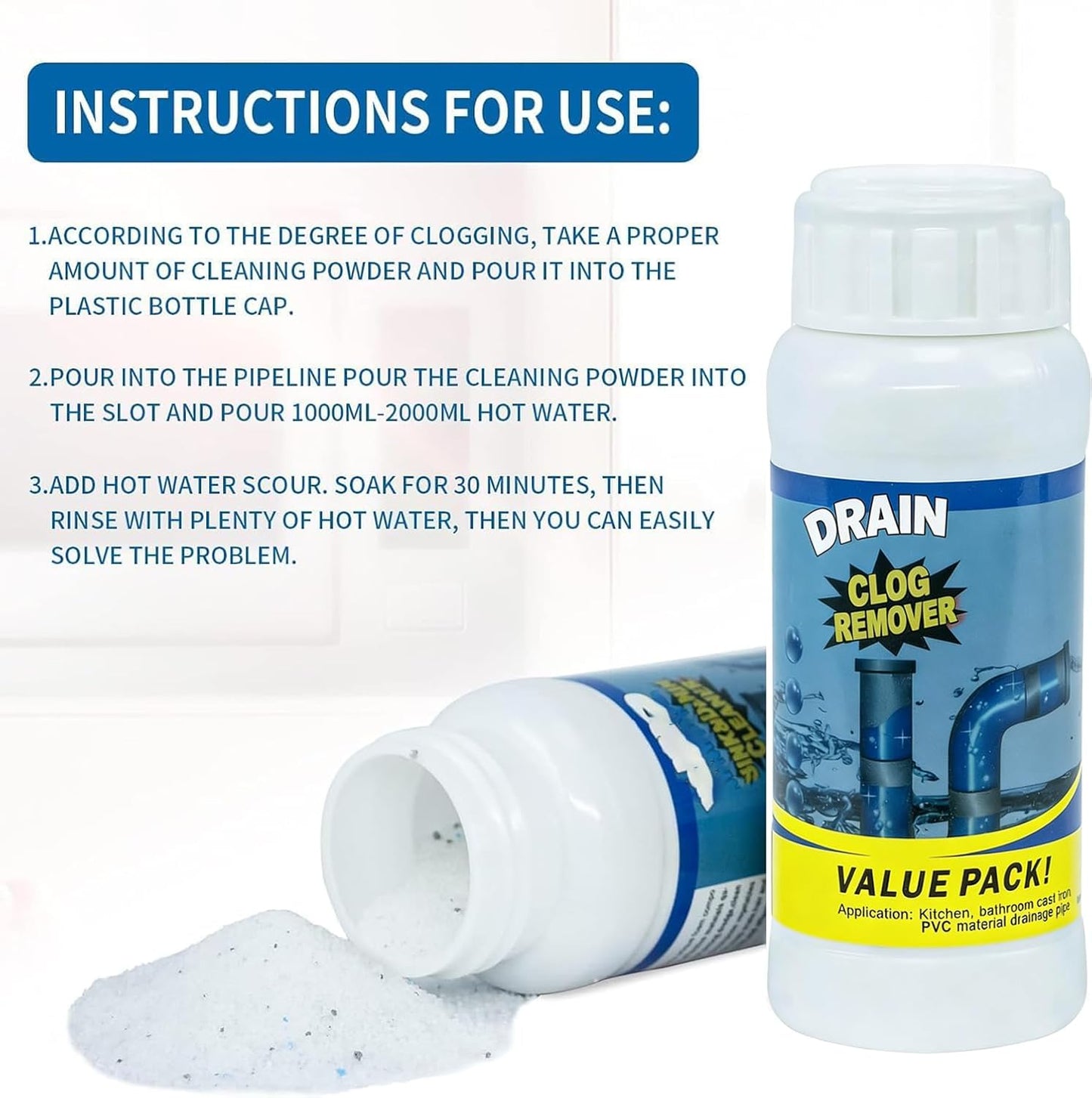 Powerful Fast-Acting Drain Cleaner Powder – Sink and Drain Clog Remover for Kitchen & Toilet Pipes – Deep Cleaning Formula, Fast Foaming, Heavy-Duty Clog Remover