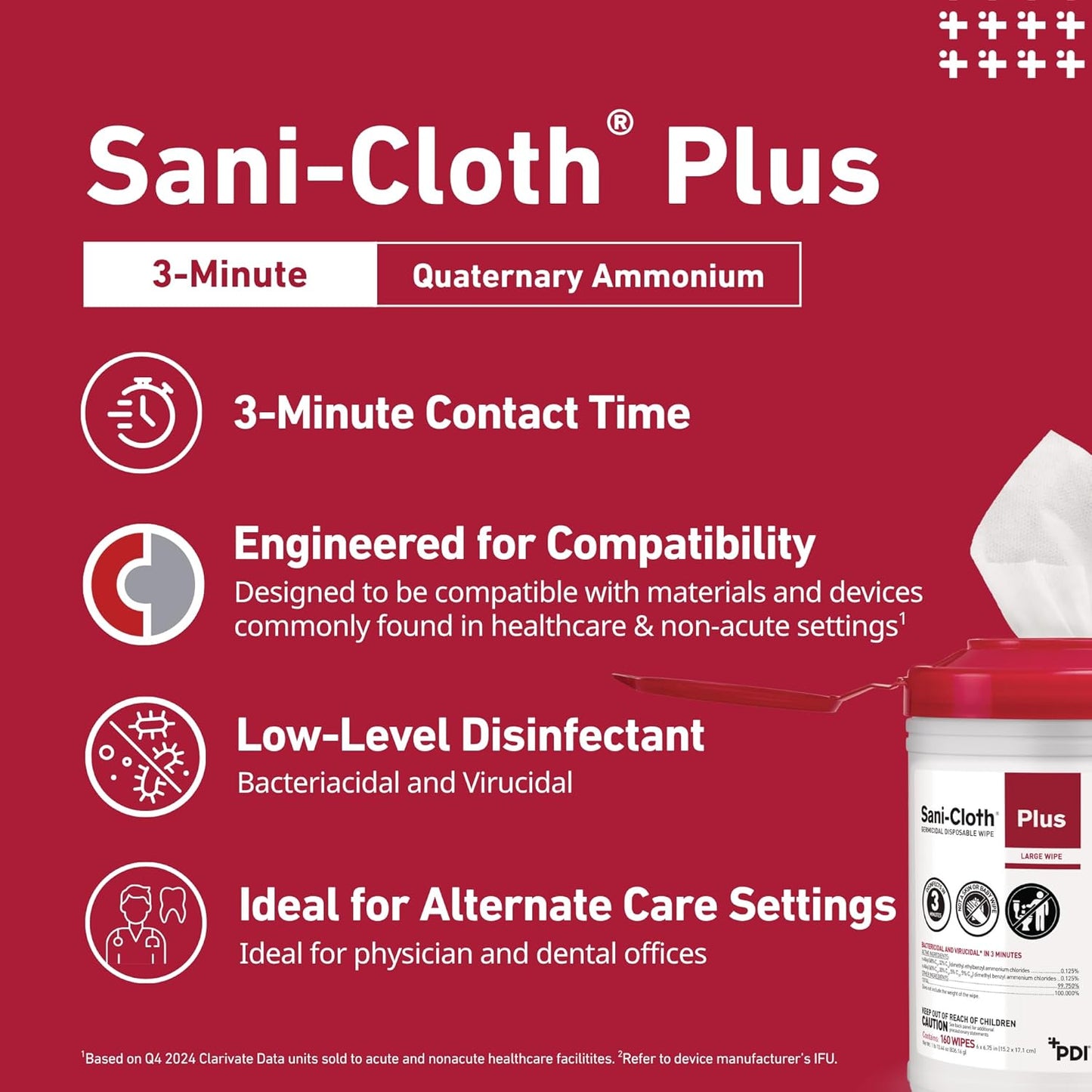 PDI Sani-Cloth Plus Germicidal Cloth, Pack of 160, 6" x 6-3/4" Large Wipes