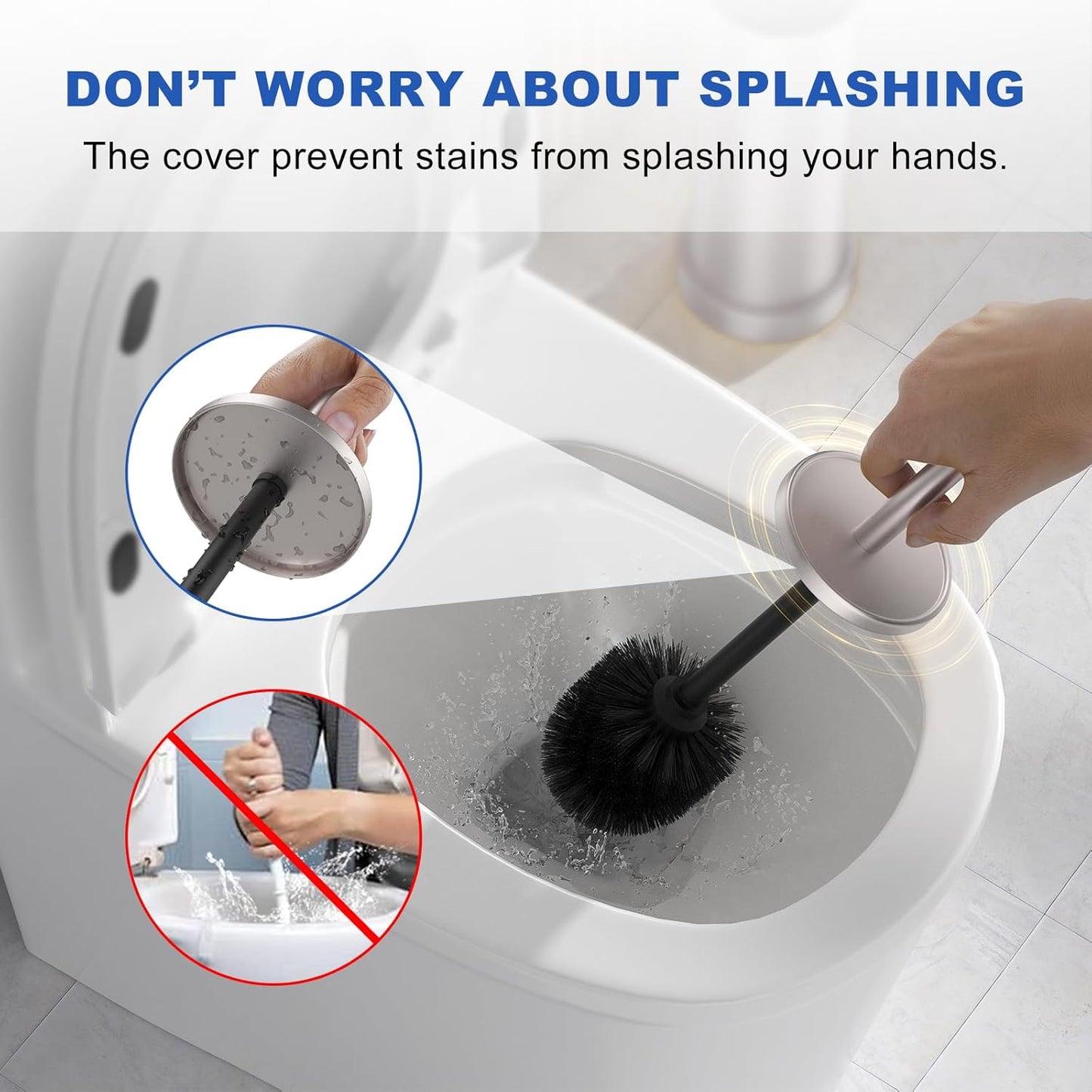 Toilet Brush and Holder Set: 304 Stainless Steel Heavy Duty Toilet Bowl Brush and Holder with Removable Inner Bowl and Splash Protection, Modern Long Handle Bathroom Cleaning Tool