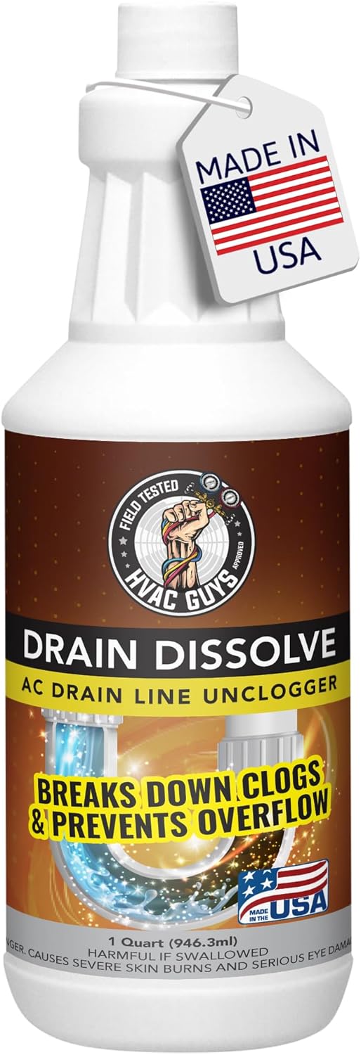 HVAC Guys Drain Dissolve | AC Drain Line Cleaner & Unclogger | Heat Generating Alkaline Formula | Prevents Overflow | Clears Hair, Grease, Gunk - 32oz