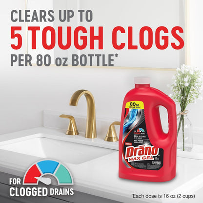Drano Max Gel Drain Clog Remover & Cleaner, Fast-Acting to Unclog Standing Water & Remove Hair, Grease & Food Blockages, Safe for all Pipes & Septic, Kitchen Sinks, Bathroom Showers & Tubs, 32 Oz