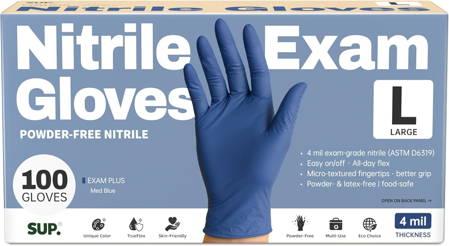 SUP Powder-Free Nitrile Exam Gloves, 100 Count Food Safe Latex-Free Medical Non-Sterile Cooking Disposable Glove, Blue