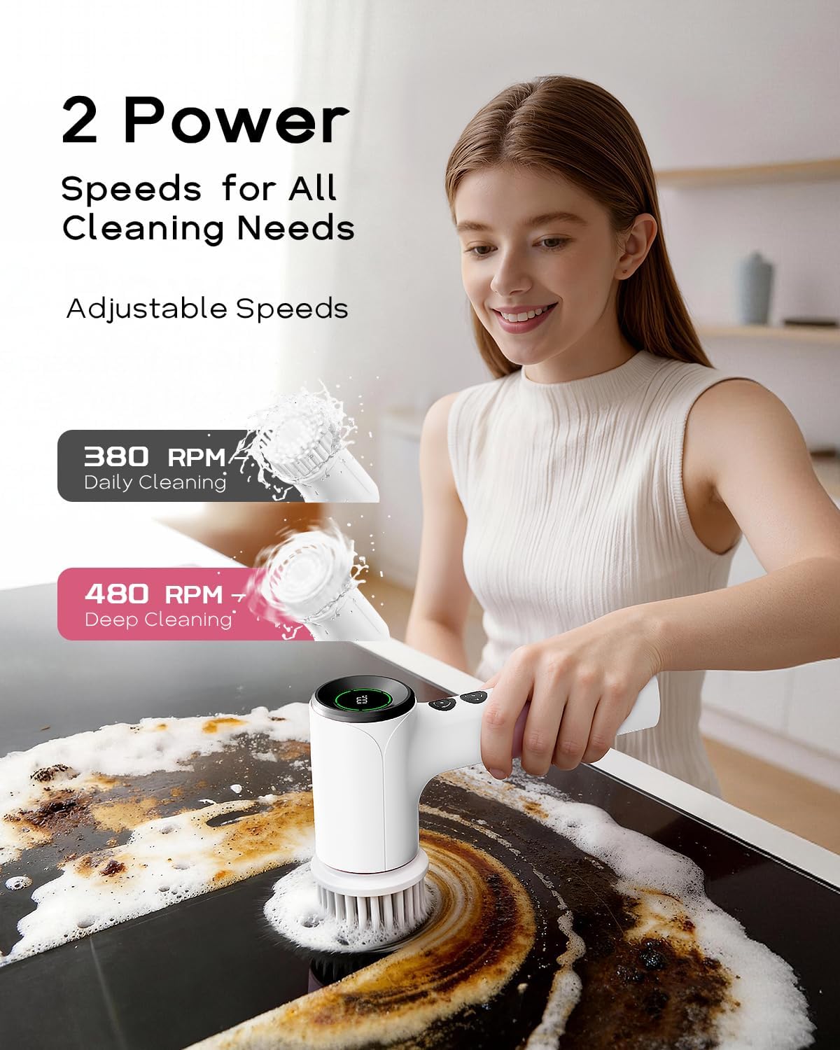 PUFTEM Upgraded Electric Spin Scrubber, Powerful Cordless Shower Scrubber with 4500mAh Large Battery & Speed Display, 6 Replaceable Brush Heads, Cleaning Brush for Bathroom Tile Tub Floor (White)