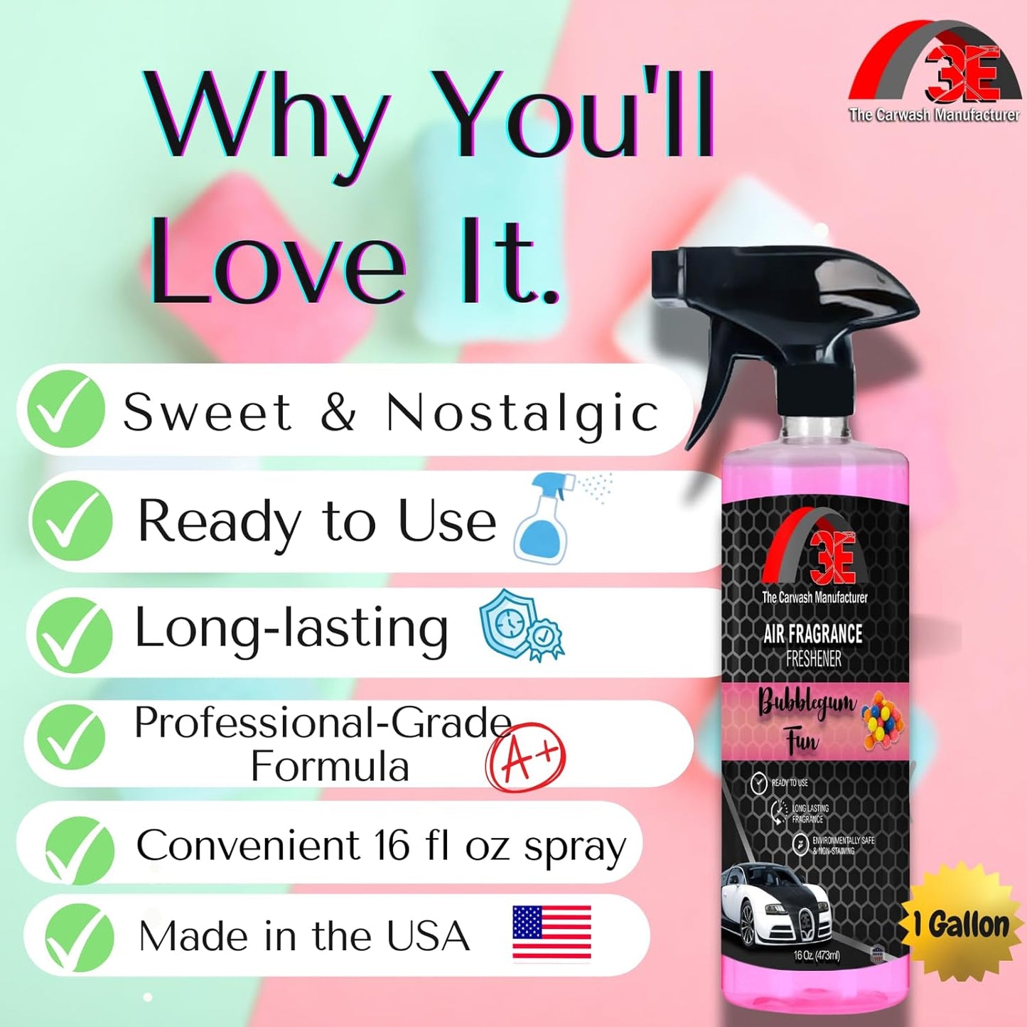 3E Car Air Freshener Premium Baby Powder Scent 16 fl oz – Professional Automotive Air Freshener & Odor Eliminator, Long-Lasting Interior Fragrance for Cars, Trucks, SUVs, RV, Home & Office