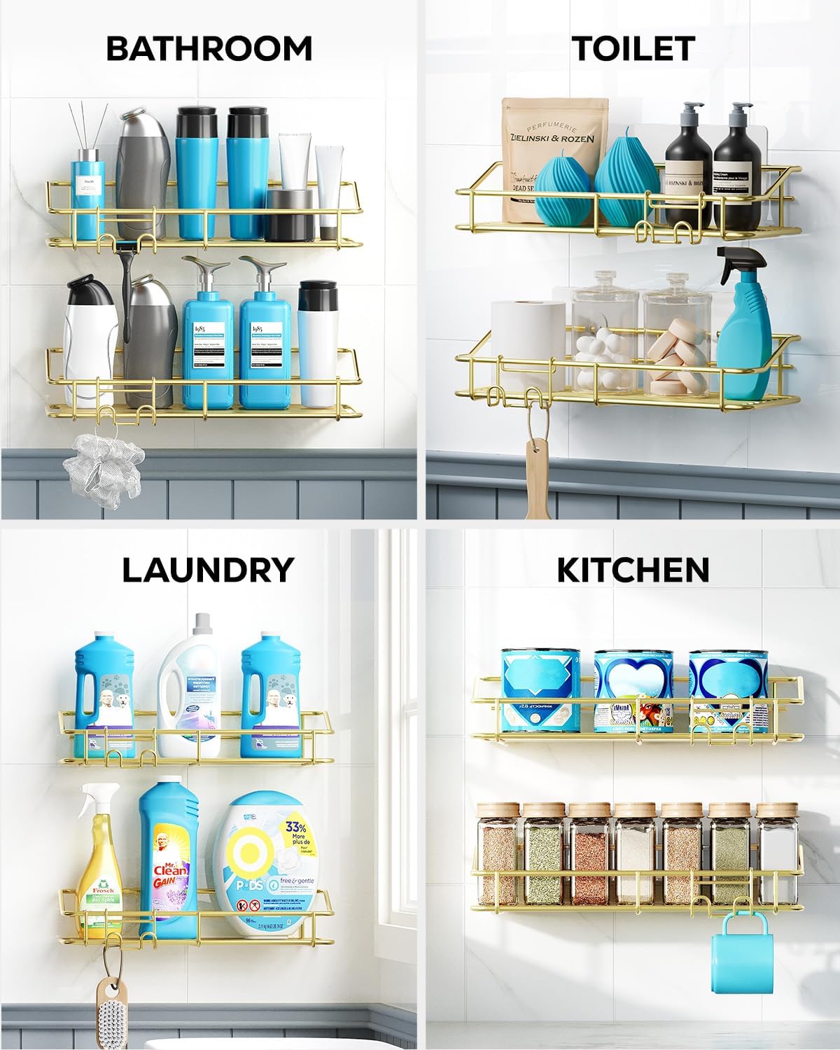 Nieifi Shower Caddy Shelf Storage Rack Adhesive Without Drilling Stainless Steel with Hooks for Washroom, Lavatory, Restroom, Toilet, Bathroom, Kitchen - 2 Pack