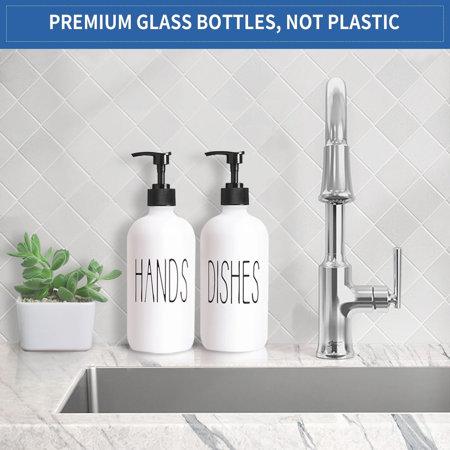 COHOSEGE Glass Soap Dispenser Set 2 Pack,Contains Hand and Dish Soap Dispenser.Premium 16 Oz Black Kitchen Soap Dispenser Set for Kitchen Sink and Farmhouse Decor
