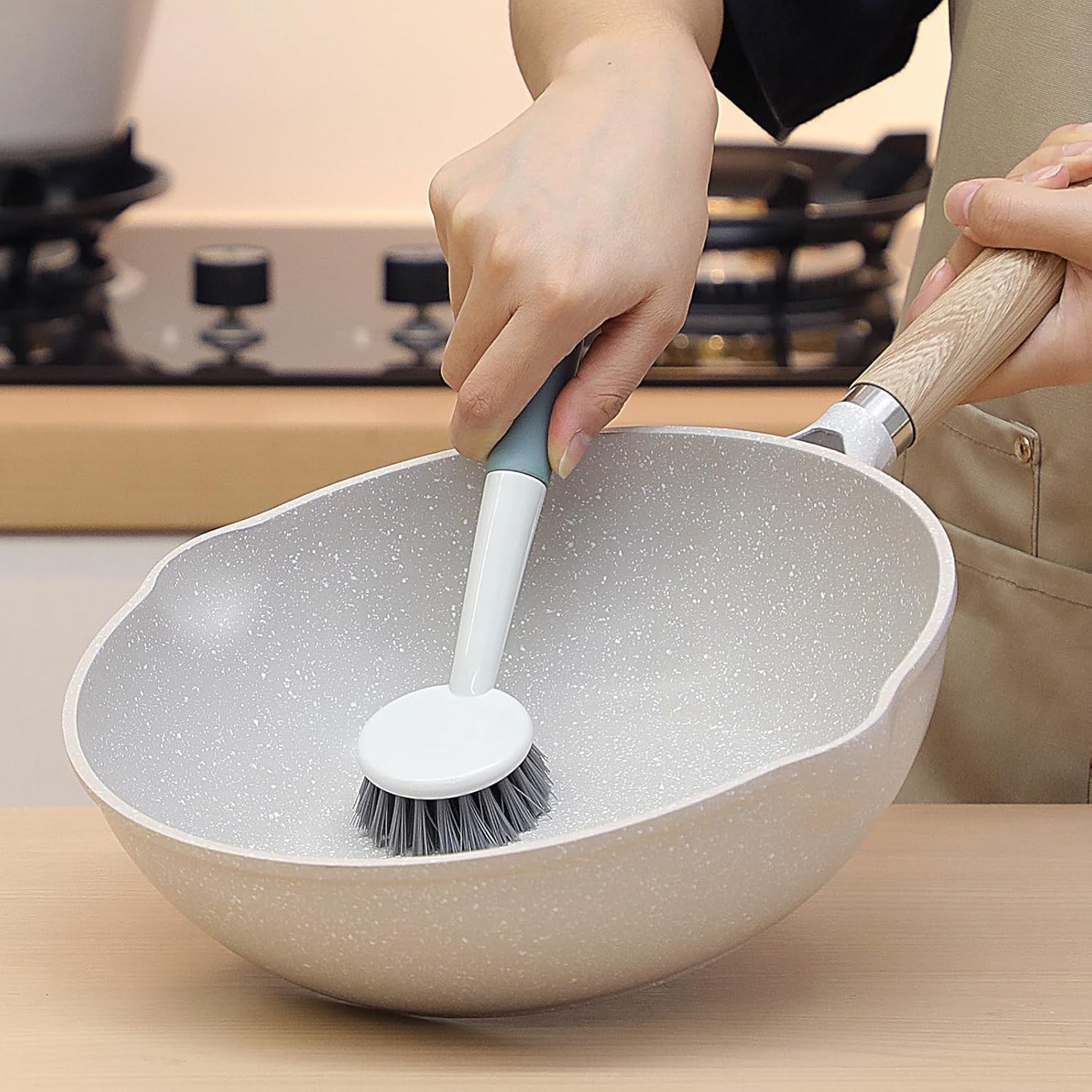 Patelai 12 Pack Kitchen Scrub Dish Brush with Long Handle Dish Scrubber with Stiff Bristles Scrub Brushes for Kitchen Dishes Washing Tools, Pots, Pans and Sink Cleaning (Celadon)